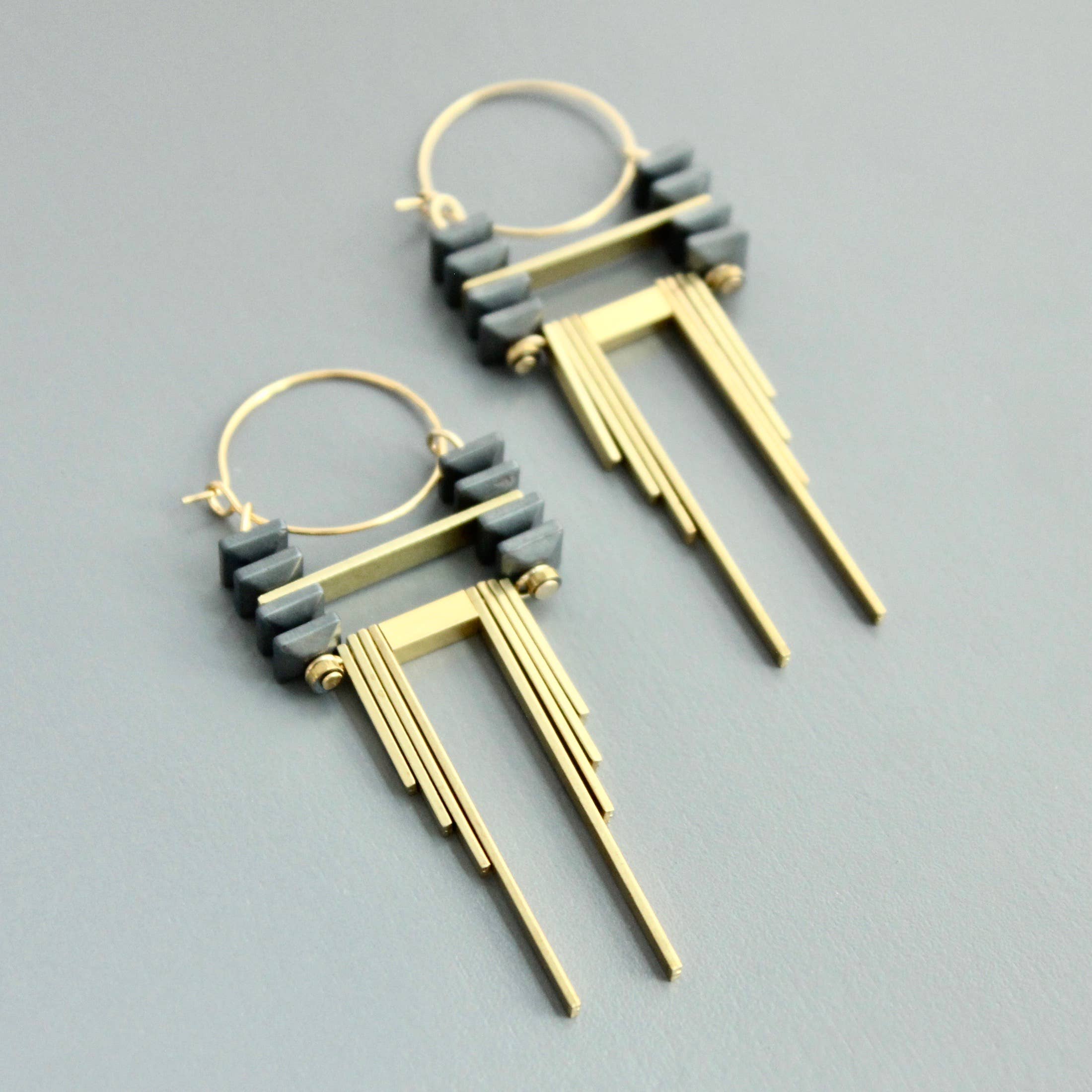 ArtDeco Hematite and Brass Hoop Earrings - Image 3