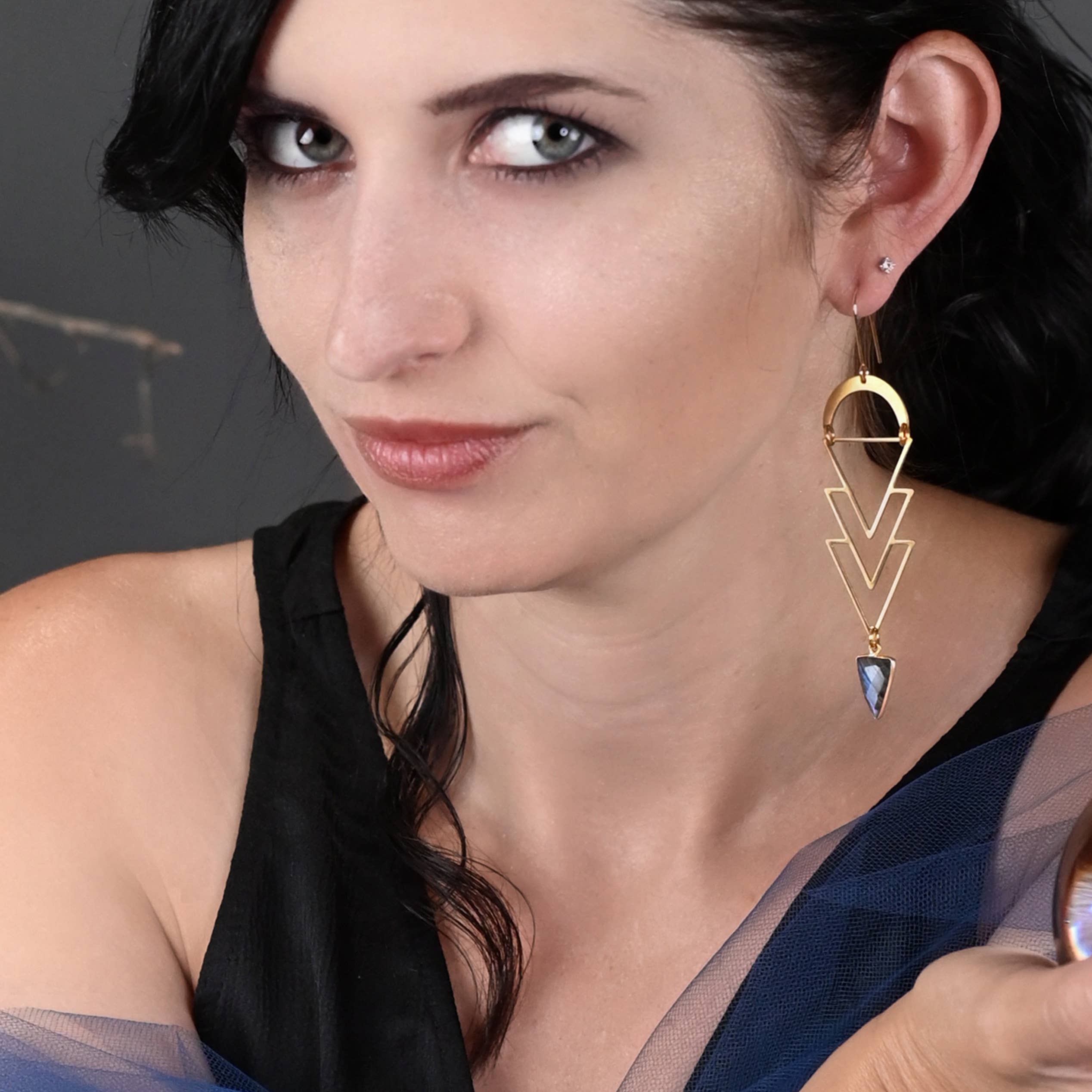 Geometric Brass Triangle x 4 w/ Semi Precious Stone Earrings - Image 2