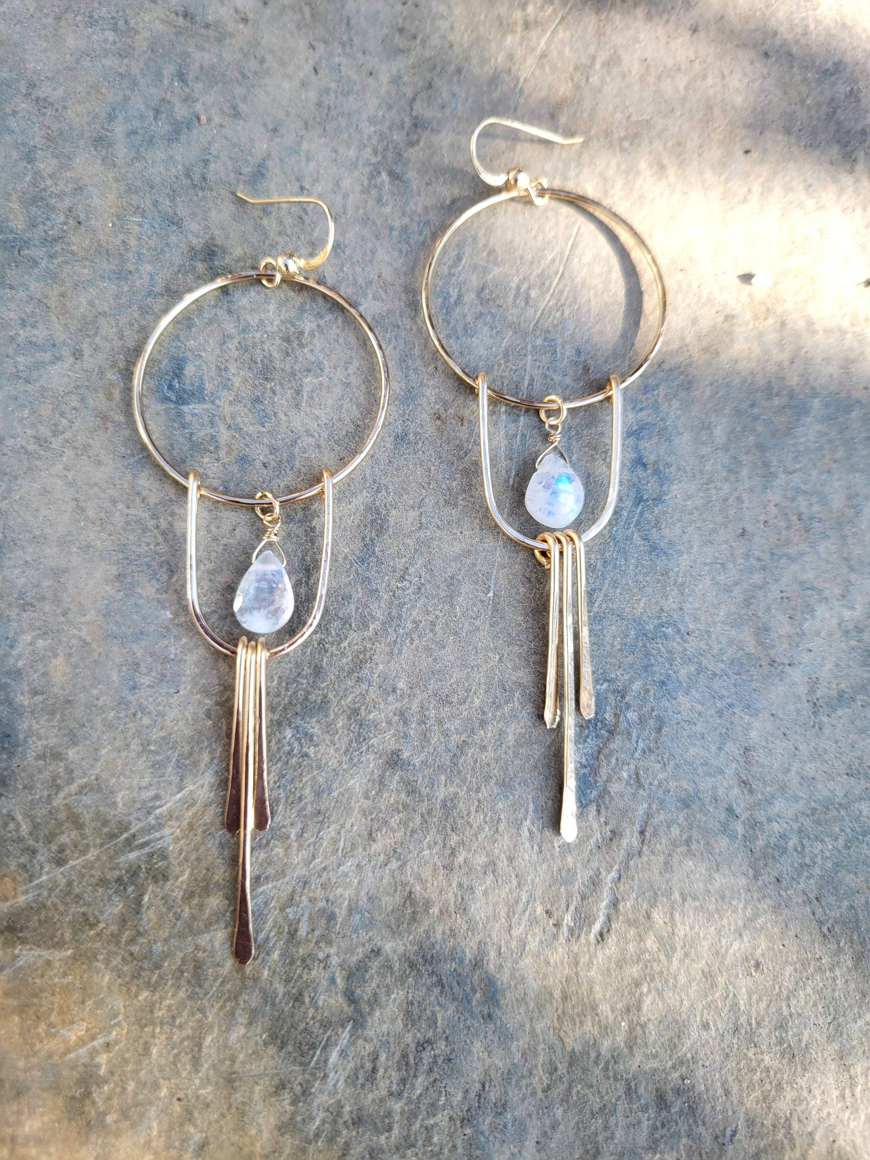 Long Moonstone Fringe Hoop Earrings