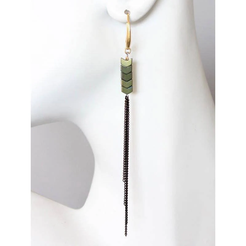 Green Hematite & Chain Fringe Shoulder Duster Earrings - Image 2