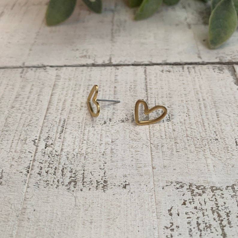 Open Heart Brass Stud Earrings - Image 5
