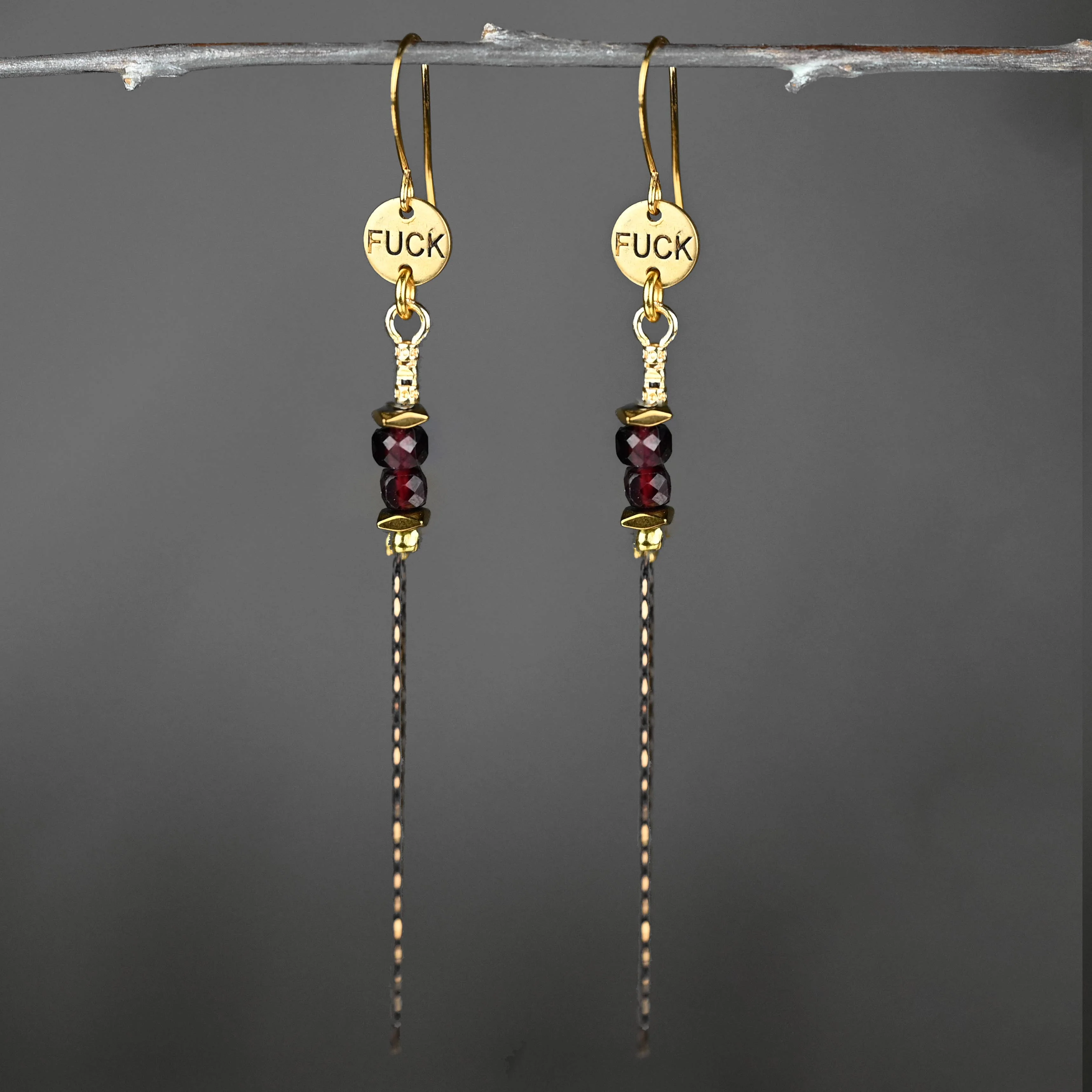 Stamped F*ck Drop Earrings with Delicate Gemstone Chain - Image 3