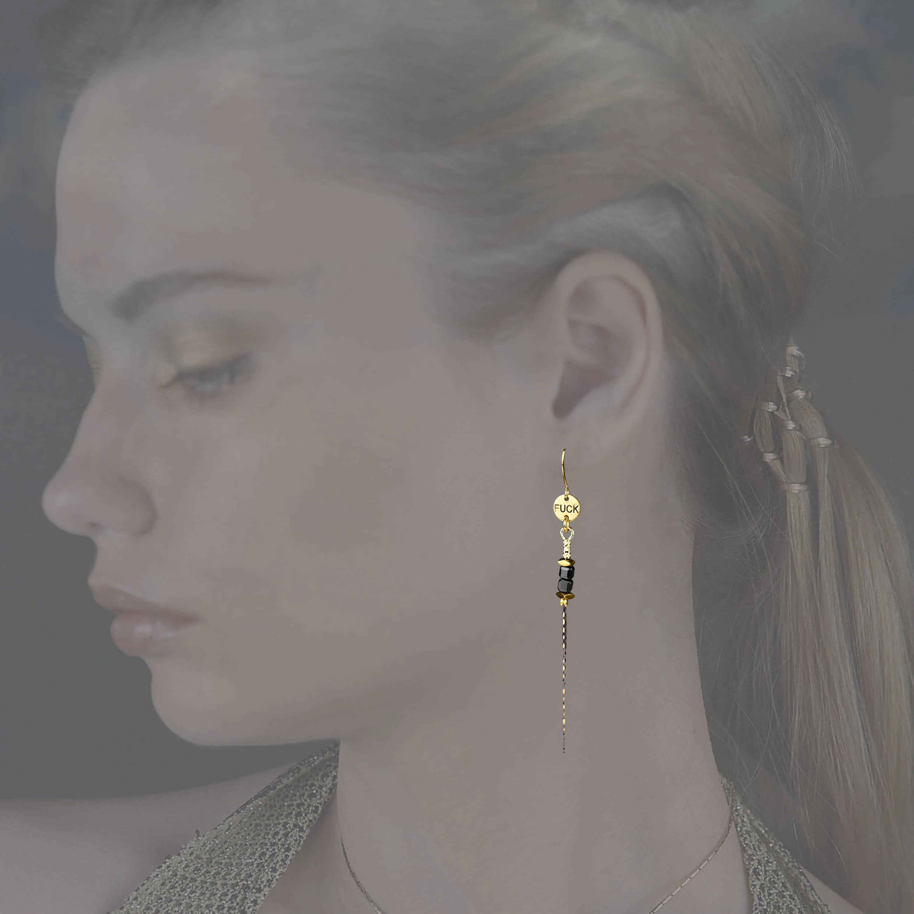 Stamped F*ck Drop Earrings with Delicate Gemstone Chain - Image 4