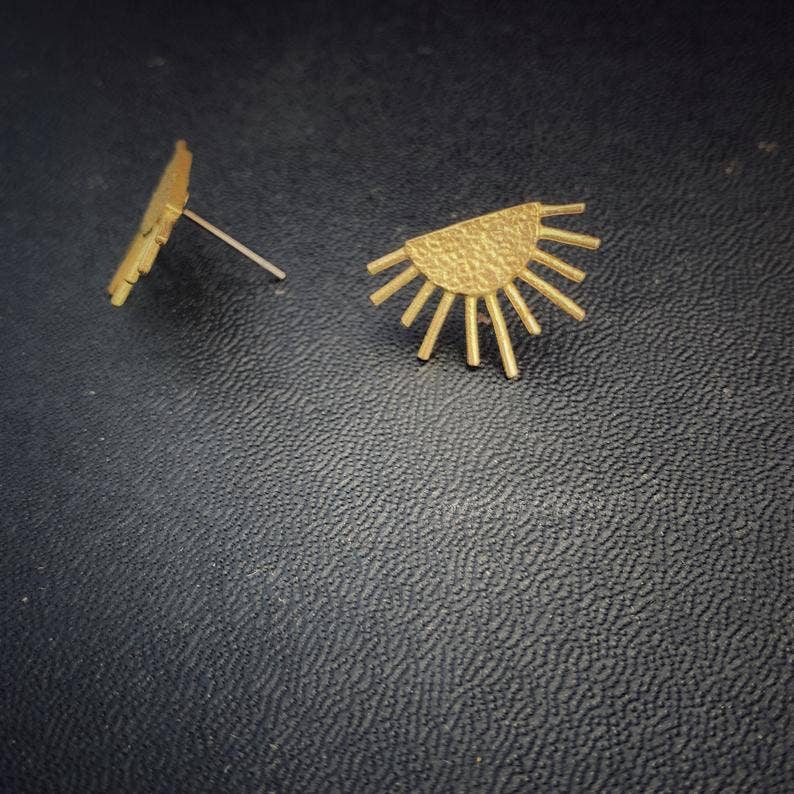 Sunburst Brass Boho Stud Earrings - Image 2