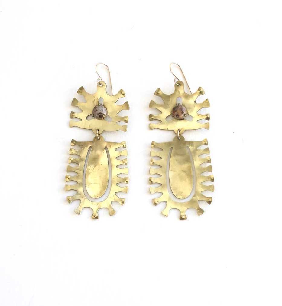 Textured Brass Earrings w/ Prong Set Stones