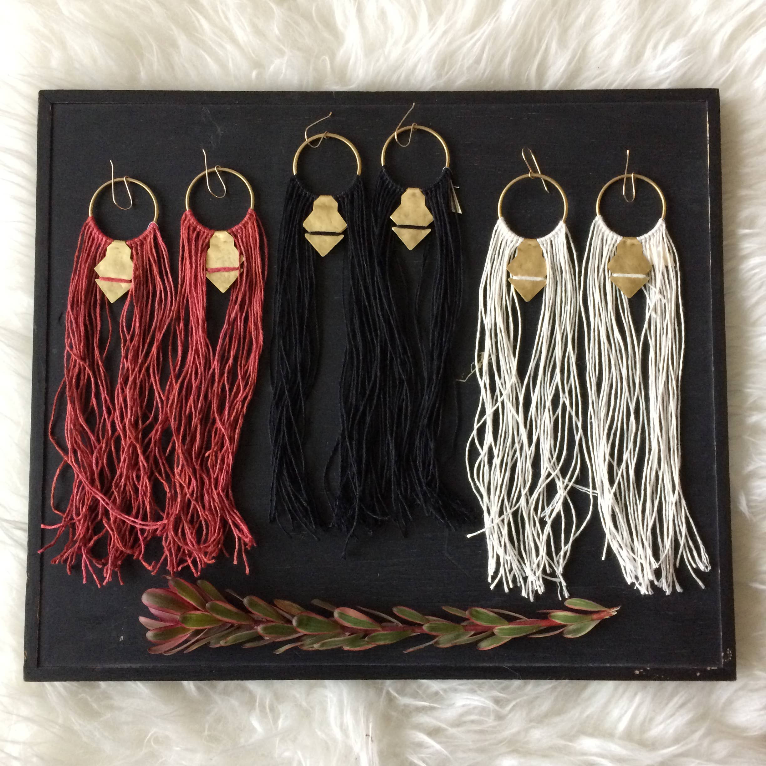Textured Brass Hoop Earrings w/ Dyed Linen Tassels // Large - Image 2