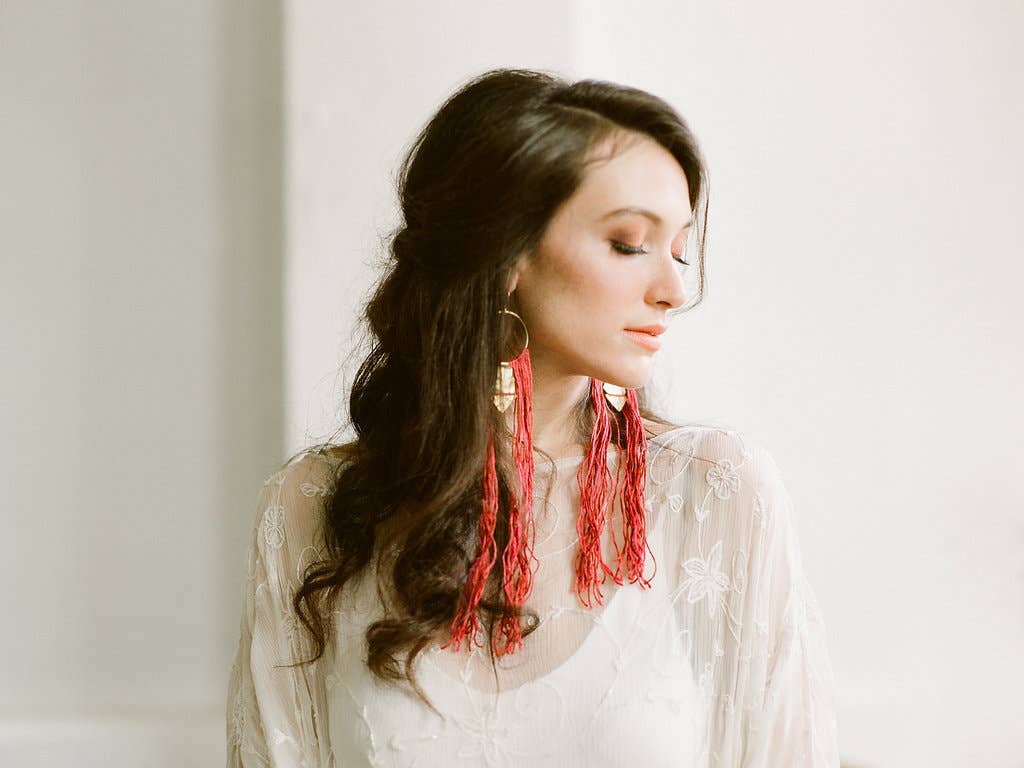 Textured Brass Hoop Earrings w/ Dyed Linen Tassels // Large - Image 3